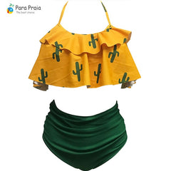 2019 Palm Tree Push up Bikini Set Women Helter Ruffle Swimwear Sexy Off Shoulder High Waist Swimsuit Women Beach Bathing Suit