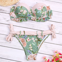 Zrtak Ruffle Off Shoulder Bikini Floral Swimsuit Bandage Lace Up Swimwear Push Up Biquini Feminino Bathing Suit Women Bikini Set