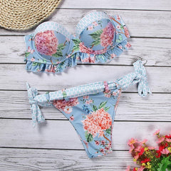 Zrtak Ruffle Off Shoulder Bikini Floral Swimsuit Bandage Lace Up Swimwear Push Up Biquini Feminino Bathing Suit Women Bikini Set