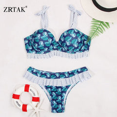 Zrtak Ruffle Off Shoulder Bikini Floral Swimsuit Bandage Lace Up Swimwear Push Up Biquini Feminino Bathing Suit Women Bikini Set