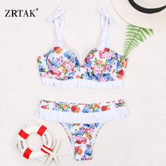 Zrtak Ruffle Off Shoulder Bikini Floral Swimsuit Bandage Lace Up Swimwear Push Up Biquini Feminino Bathing Suit Women Bikini Set