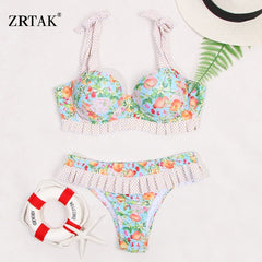 Zrtak Ruffle Off Shoulder Bikini Floral Swimsuit Bandage Lace Up Swimwear Push Up Biquini Feminino Bathing Suit Women Bikini Set