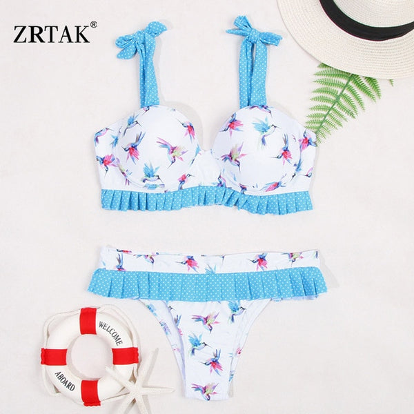 Zrtak Ruffle Off Shoulder Bikini Floral Swimsuit Bandage Lace Up Swimwear Push Up Biquini Feminino Bathing Suit Women Bikini Set