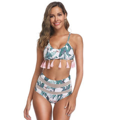 Sexy Bikini Woman Summer 2 Piece Floral Print Tassel Trim Halter Triangle Bikinis Set Bathing Suit Women High waist Swimwear