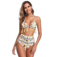 Sexy Bikini Woman Summer 2 Piece Floral Print Tassel Trim Halter Triangle Bikinis Set Bathing Suit Women High waist Swimwear