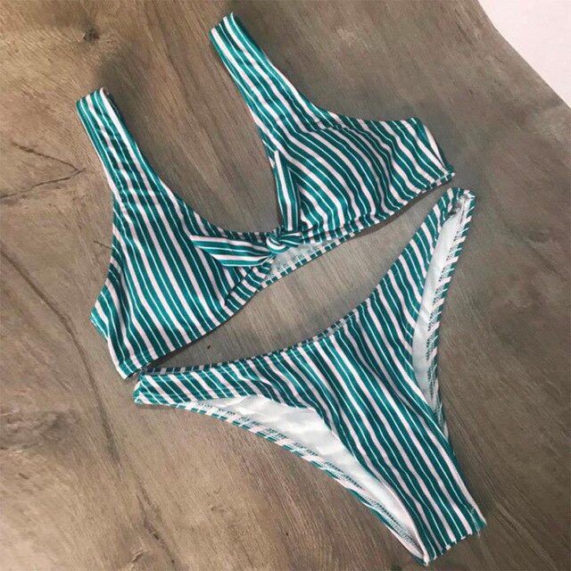 Swimming Swimsuit Multi color Strip Printed Triangle Swimwear Bathing Women Push-up Padded Bra Bandage Bikini Set