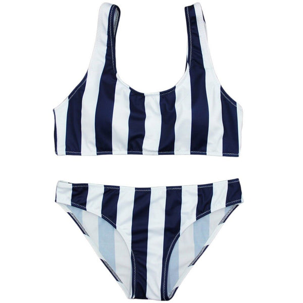 2PCS White + Dark Blue Strip Swimwear Lady Women Split Swimsuit Vest Type Beach Swimsuit Printing Bathing Suit Free Ship