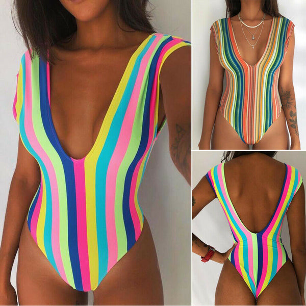 Women  Rainbow Strip Swimwear Swimsuit Deep-V Padded Monokini Beachwear