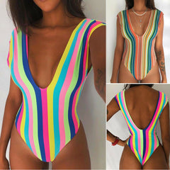 Women  Rainbow Strip Swimwear Swimsuit Deep-V Padded Monokini Beachwear