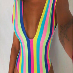 Women  Rainbow Strip Swimwear Swimsuit Deep-V Padded Monokini Beachwear