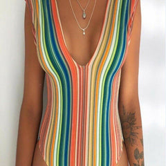 Women  Rainbow Strip Swimwear Swimsuit Deep-V Padded Monokini Beachwear