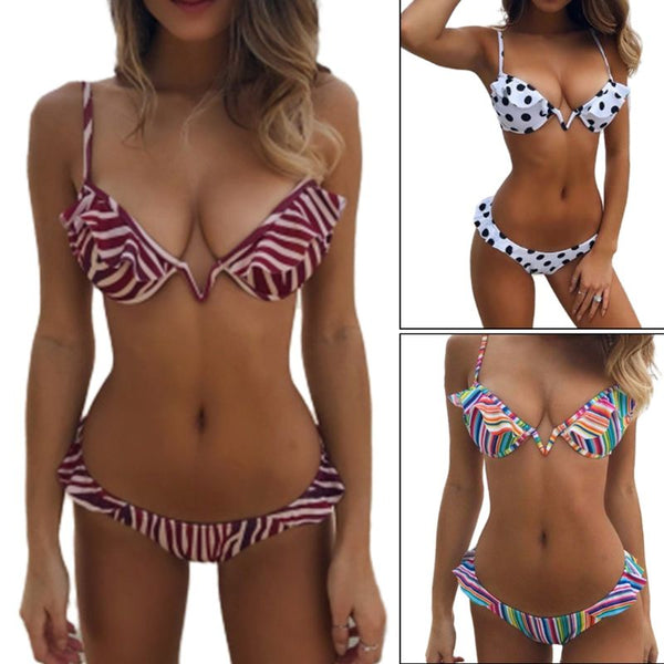 Women Sexy Two Piece Bikini Set Deep V-Neck Underwire Bra Low Waist Thong Pleated Ruffles Patchwork Boho Polka Dot Strip Printed