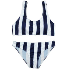 2PCS White + Dark Blue Strip Swimwear Lady Women Split Swimsuit Vest Type Beach Swimsuit Printing Bathing Suit