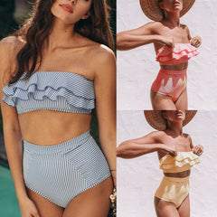 Womens Bandeau High Waist Bandage Bikini Set Swimwear Beach Two-piece Swimsuit Strip Ruffle Monokini Bathing Suit