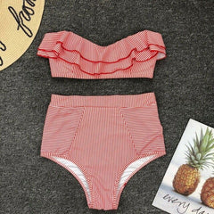 Womens Bandeau High Waist Bandage Bikini Set Swimwear Beach Two-piece Swimsuit Strip Ruffle Monokini Bathing Suit