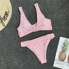 Women Sexy Bikini Bow Knot Push Up Bra Top High Waist Swimsuit Beachwear Bikinis Sets Ladies Strip High Waist Biquini Swimwear