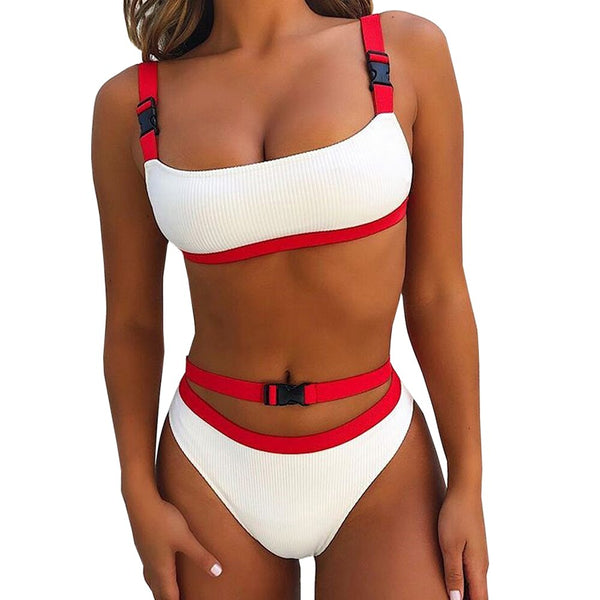 Swimsuit Push Up Swimwear Women's Buckle High Waist Bikini Set Plain Fashion Red Strip Sexy Bikini Swimsuits Sports Summer