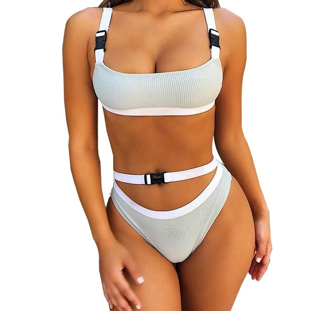 Swimsuit Push Up Swimwear Women's Buckle High Waist Bikini Set Plain Fashion Red Strip Sexy Bikini Swimsuits Sports Summer