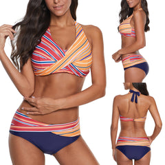 Fashion Swimwear Women Bikini Set Swimming Two Piece Swimsuits Female Beach Split Rainbow Strip Printed Beach Bikini Suit