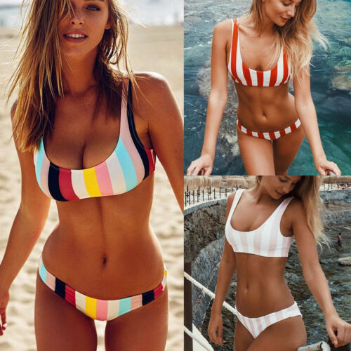 UK Women Bandage Strip Color Bikini Push-up Padded Bra Swimsuit Bathing 2pcs Set Swimwear Beachwear