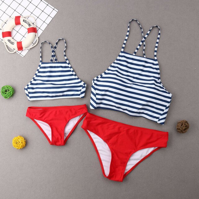 Family Mother Girl Kids Stripe Matching Swimsuit Swimwear Bikini Bathing Suit Stripped Summer Hot Fermale Mid Waist Monokini