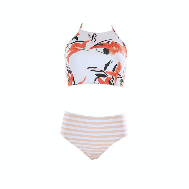 Sexy Printed High Waist Swimsuit 2019 Bikini Push Up Swimwear Women Padded High Neck Biquini Bathing Suit Stripped Beach Wear