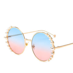 big pearls Women Round sunglasses Fashion Female sun glasses Golden metal frames Vintage brand style Alloy beach eyewear N203