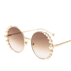 big pearls Women Round sunglasses Fashion Female sun glasses Golden metal frames Vintage brand style Alloy beach eyewear N203