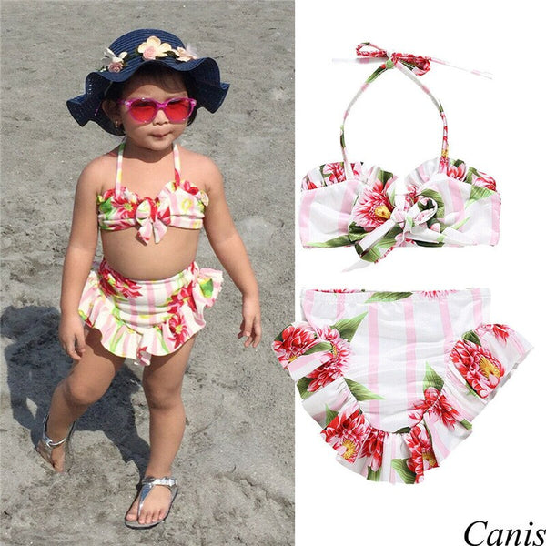 Free Shipping Fashion Casual Slim Print 2Pcs Toddler Baby Girl Swimwear Floral Bikini Dress Outfit Beach Bathing Clothes