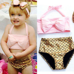 Toddler Baby Girls Kids Halter BOW Top+ Mermaid Shorts Headband 3PCS Bikini Set Swimsuit Bathing Suit Tankini Swimwear Beachwear