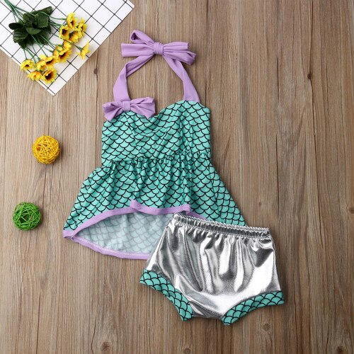 Newborn Kid Baby Girls Cute Sling Fish Scale Skirt Two-piece Bikini Set Swimwear Swimsuit Bathing Suit