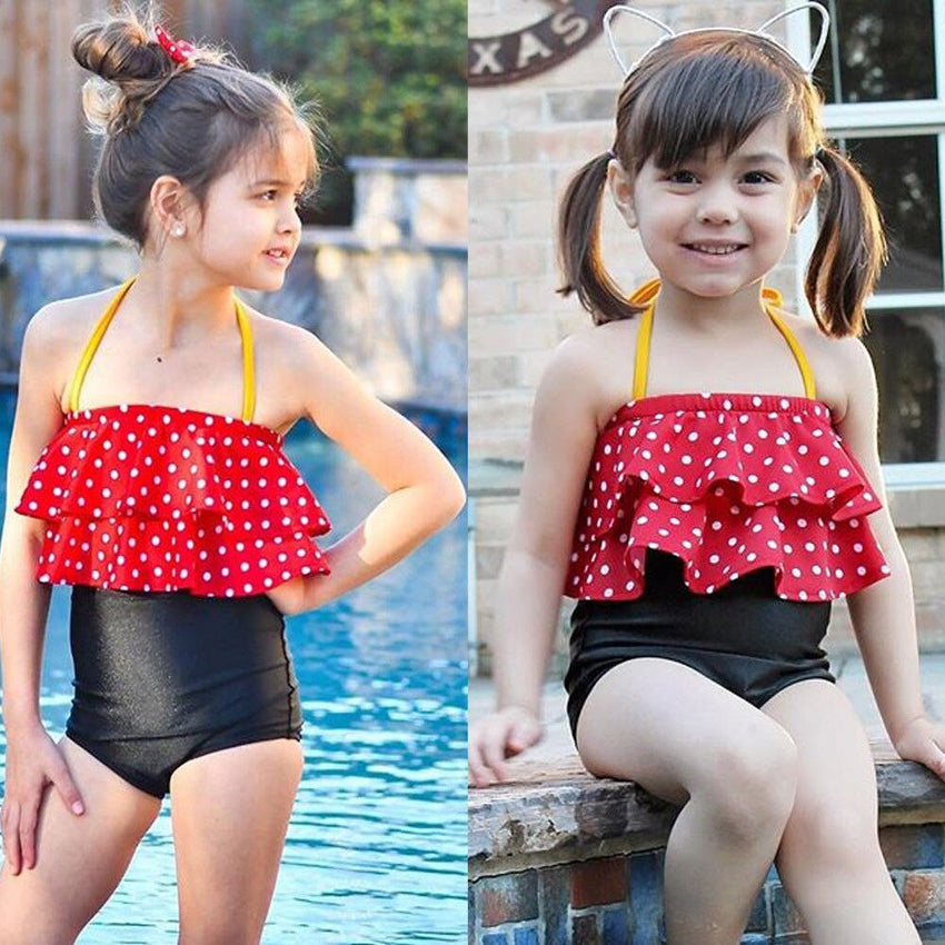 2PCS Toddler Kids Baby Girl Dot Swimsuit Swimwear Children Ruffle Bandage Tankini Bikini Outfits Bathing Set