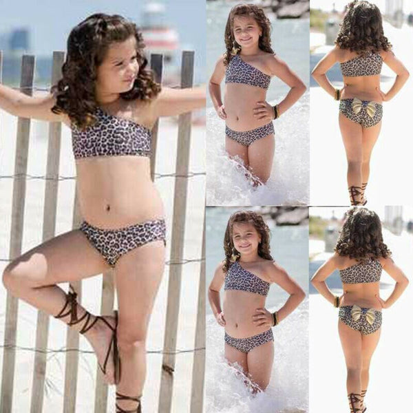 3pcs Summer Kids Baby Girl Leopard Bow Bikini Set Swimwear Swimsuit Bathing Suit One Shoulder High Waist Beachwear