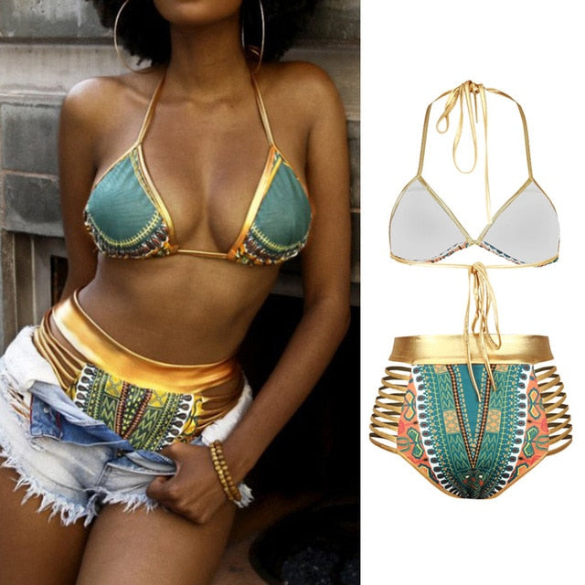 CROSSS1946 New African Print Two-Pieces Bath Suits Bikini Set Sexy Geometric Swimwear Swimsuit Gold High Waist Swimming Suit