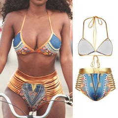 CROSSS1946 New African Print Two-Pieces Bath Suits Bikini Set Sexy Geometric Swimwear Swimsuit Gold High Waist Swimming Suit