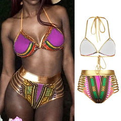 CROSSS1946 New African Print Two-Pieces Bath Suits Bikini Set Sexy Geometric Swimwear Swimsuit Gold High Waist Swimming Suit