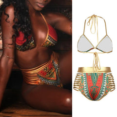 CROSSS1946 New African Print Two-Pieces Bath Suits Bikini Set Sexy Geometric Swimwear Swimsuit Gold High Waist Swimming Suit