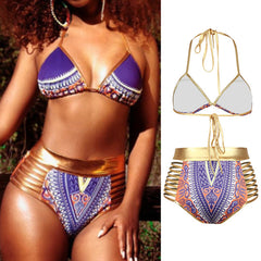 CROSSS1946 New African Print Two-Pieces Bath Suits Bikini Set Sexy Geometric Swimwear Swimsuit Gold High Waist Swimming Suit