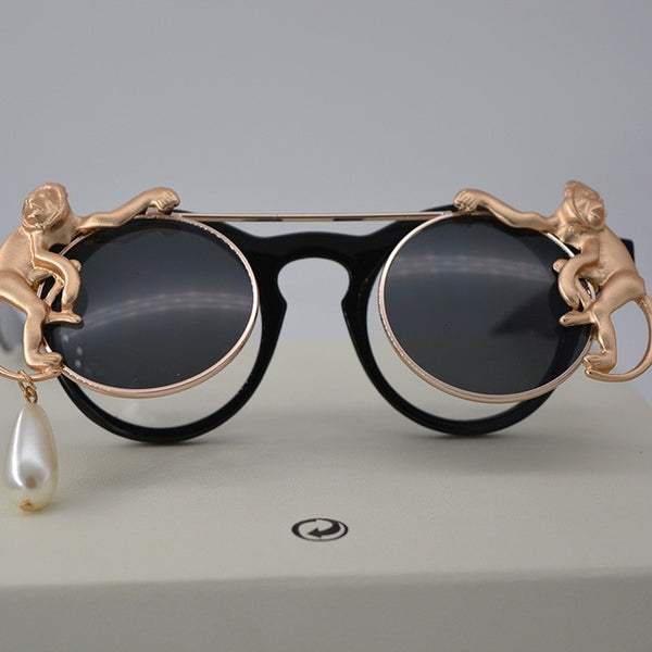 Lady Metal Gold Monkey Baroque Sunglasses Brand Metal Retro Leopard Frame Beach Metal Chain Pearl Round Sun Glasses for Women