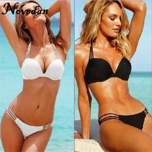 Sexy Bikinis Super Push Up Swimwear Bikini Set Women Swimsuit Solid Strip Black White Bathing Suit