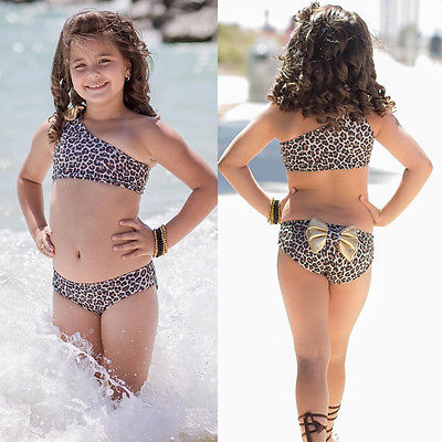 3pcs Set New Summer Kids Baby Girls Leopard Bow Bikini Set Swimwear Swimsuit Bathing Suit Girls Clothes Set