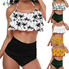 2019 Palm Tree Push up Bikini Set Women Helter Ruffle Swimwear Sexy Off Shoulder High Waist Swimsuit Women Beach Bathing Suit