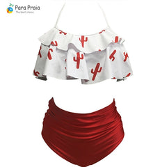 2019 Palm Tree Push up Bikini Set Women Helter Ruffle Swimwear Sexy Off Shoulder High Waist Swimsuit Women Beach Bathing Suit