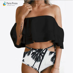 2019 Palm Tree Push up Bikini Set Women Helter Ruffle Swimwear Sexy Off Shoulder High Waist Swimsuit Women Beach Bathing Suit