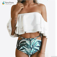 2019 Palm Tree Push up Bikini Set Women Helter Ruffle Swimwear Sexy Off Shoulder High Waist Swimsuit Women Beach Bathing Suit