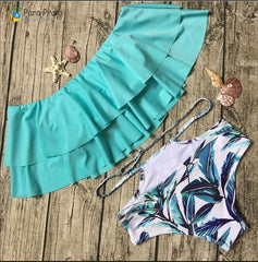 2019 Palm Tree Push up Bikini Set Women Helter Ruffle Swimwear Sexy Off Shoulder High Waist Swimsuit Women Beach Bathing Suit