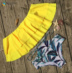 2019 Palm Tree Push up Bikini Set Women Helter Ruffle Swimwear Sexy Off Shoulder High Waist Swimsuit Women Beach Bathing Suit