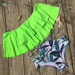 2019 Palm Tree Push up Bikini Set Women Helter Ruffle Swimwear Sexy Off Shoulder High Waist Swimsuit Women Beach Bathing Suit