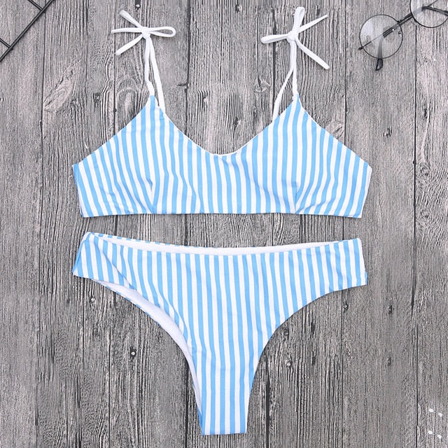 2019 Woman Swimsuit Padded Nylon String Bikini Set Two-piece Suits Blue White Strip Bikinis Push Up Sexy Bathing Suit Tankini