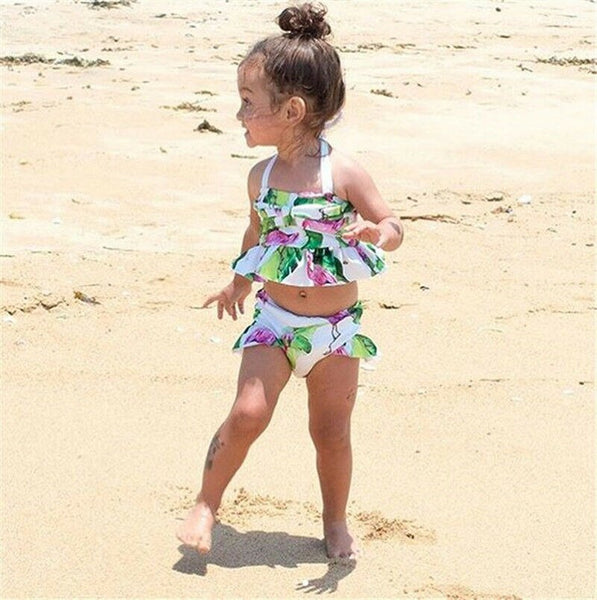 2019 Summer Kids Girl Swimsuit Bikinis Cute Halter Bandage Flamingo Floral Tankini Bikini Set Baby Girls Sweimwear Bathing Suit